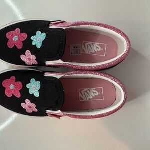Vans Kids' Black and Pink Glitter Floral Sneakers